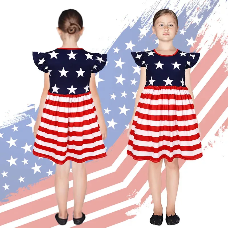 Summer Independence Day Kids Girls Flying Sleeve Stars Stripe Print A-line Dress Festival Clothes om[8