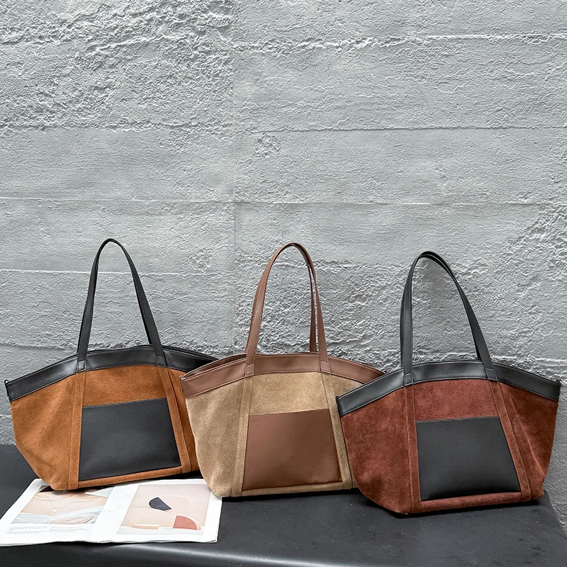 

2025 Winter Women's Natural Suede Bags Ladies Soft Genuine Cowhide Leather Crossbody Spliced bat Bag Large Capacity Handbag