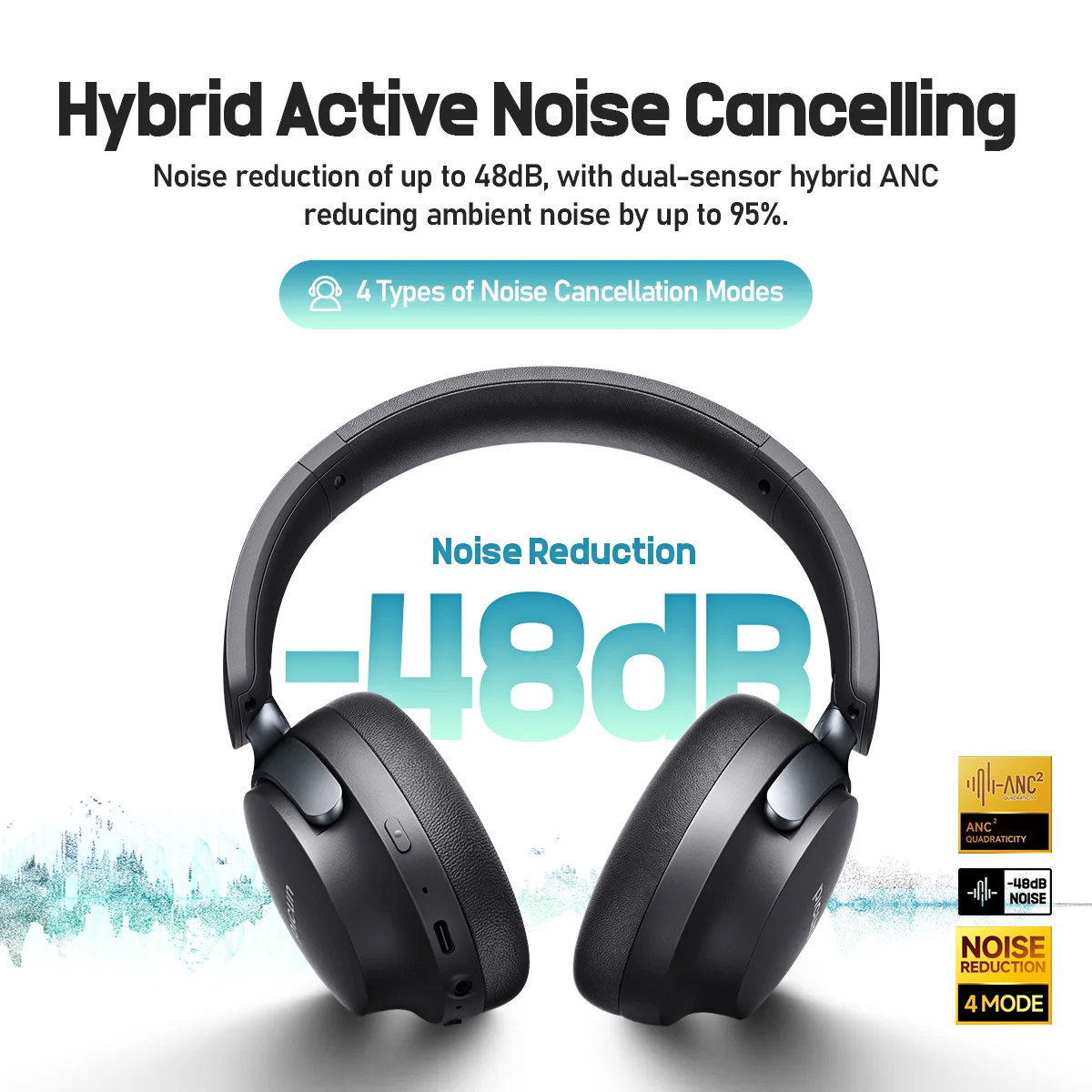 Picun Headphone Bluetooth 5.4 NC60 ANC, Earphone tanpa kabel 48dB Hybrid aktif penghilang kebisingan Driver 40mm waktu putar 80 jam