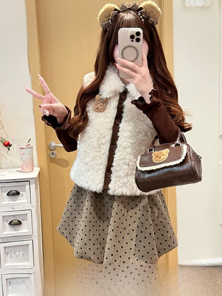 

Sweet Sle Lamb Fur Vest Women's Outerwear ort Coat Collar Flip Design Polyester Fabric Winter Faion Layering Top