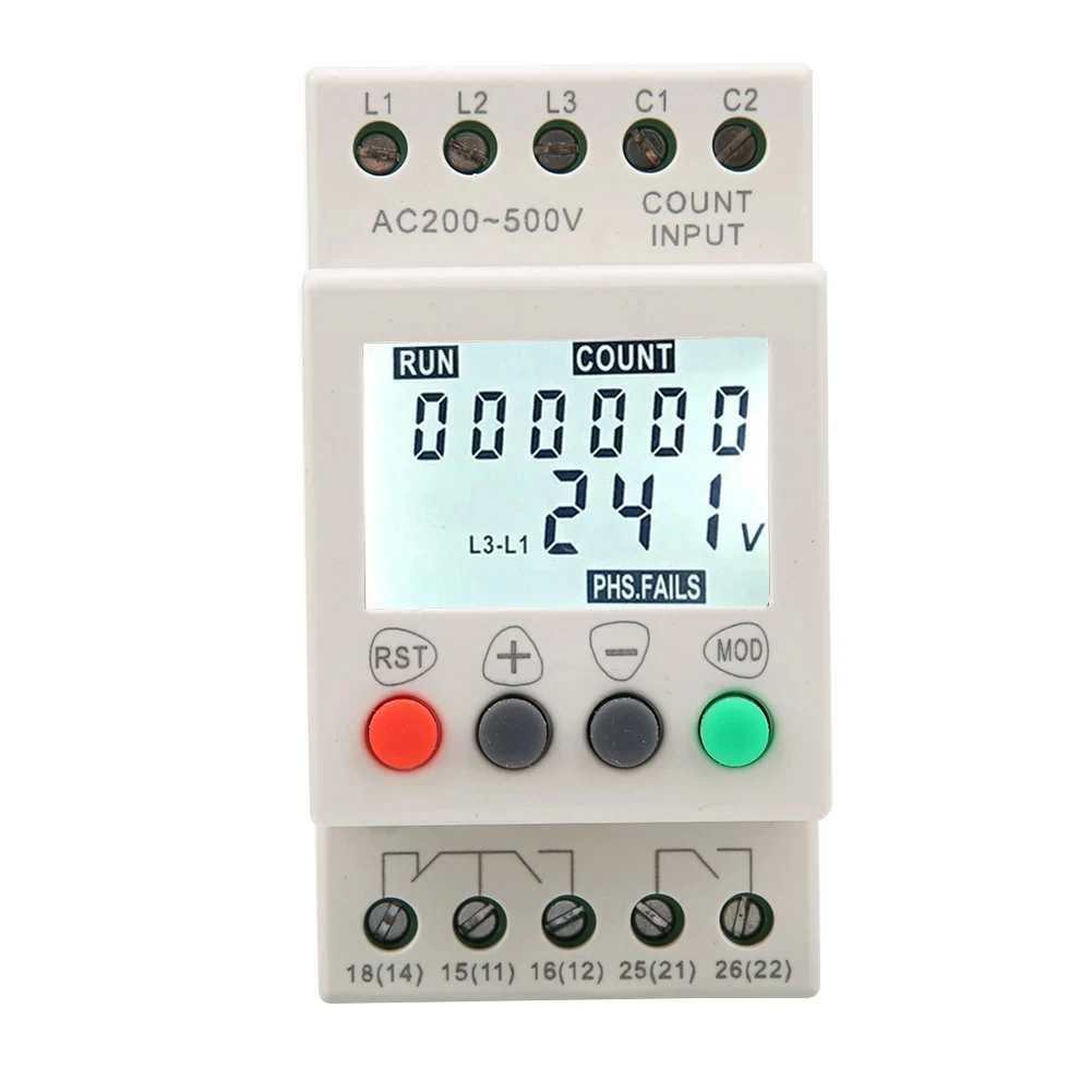 Under Over Voltage Protector Chronograph Counter 3 Phase Voltage Monitor Sequence Protection Relay LCD Digital Display