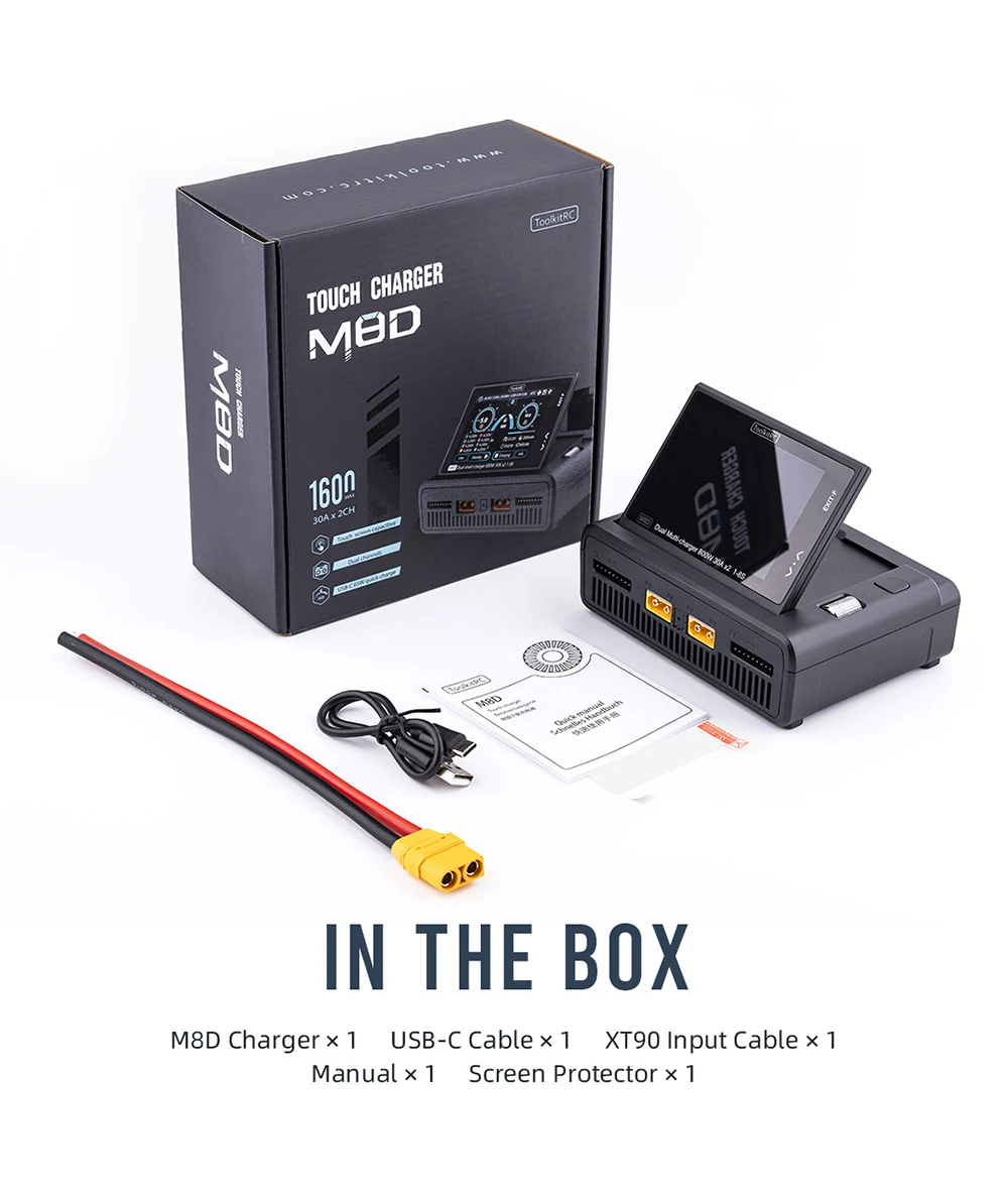 ToolkitRC M8D 800W 2*30A Scaricatore caricabatterie CC touch screen a doppio canale per batteria Lipo LiHV LiFe Lion 1-8S
