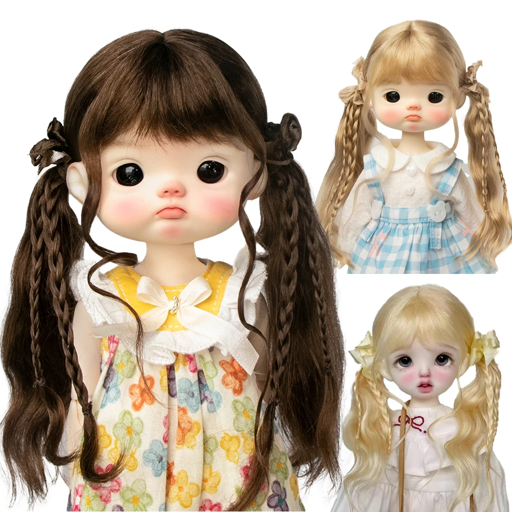 Awen 30cm BJD Wig Gold Brown Mohair Bangs Double Braid Ponytail Long Hair for 1/6BJD SD DD Doll Hair 6-7 Inches Doll Accessories