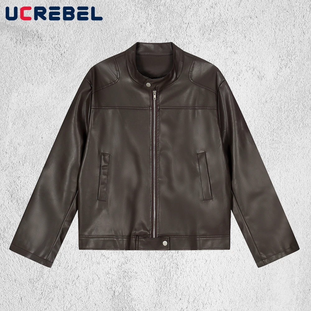 

Мотоциклетная куртка с карманами, мужская осенне-зимняя ретро уличная куртка с воротником-стойкой и длинным рукавом, свободная мужская куртка из искусственной кожи