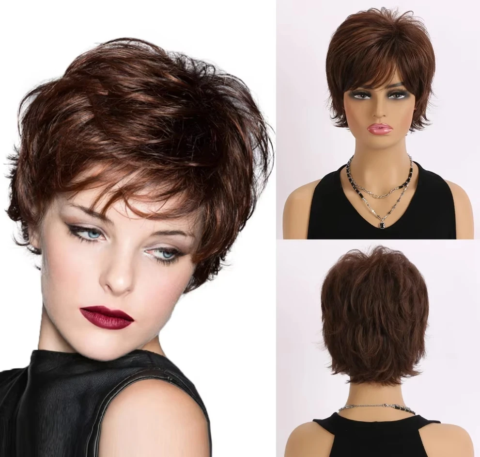 

Synthetic Hair Short Curly Wigs for Women Dark Brown Wig with Bangs Realistic Looking Daily Party Use for Mommy Wig