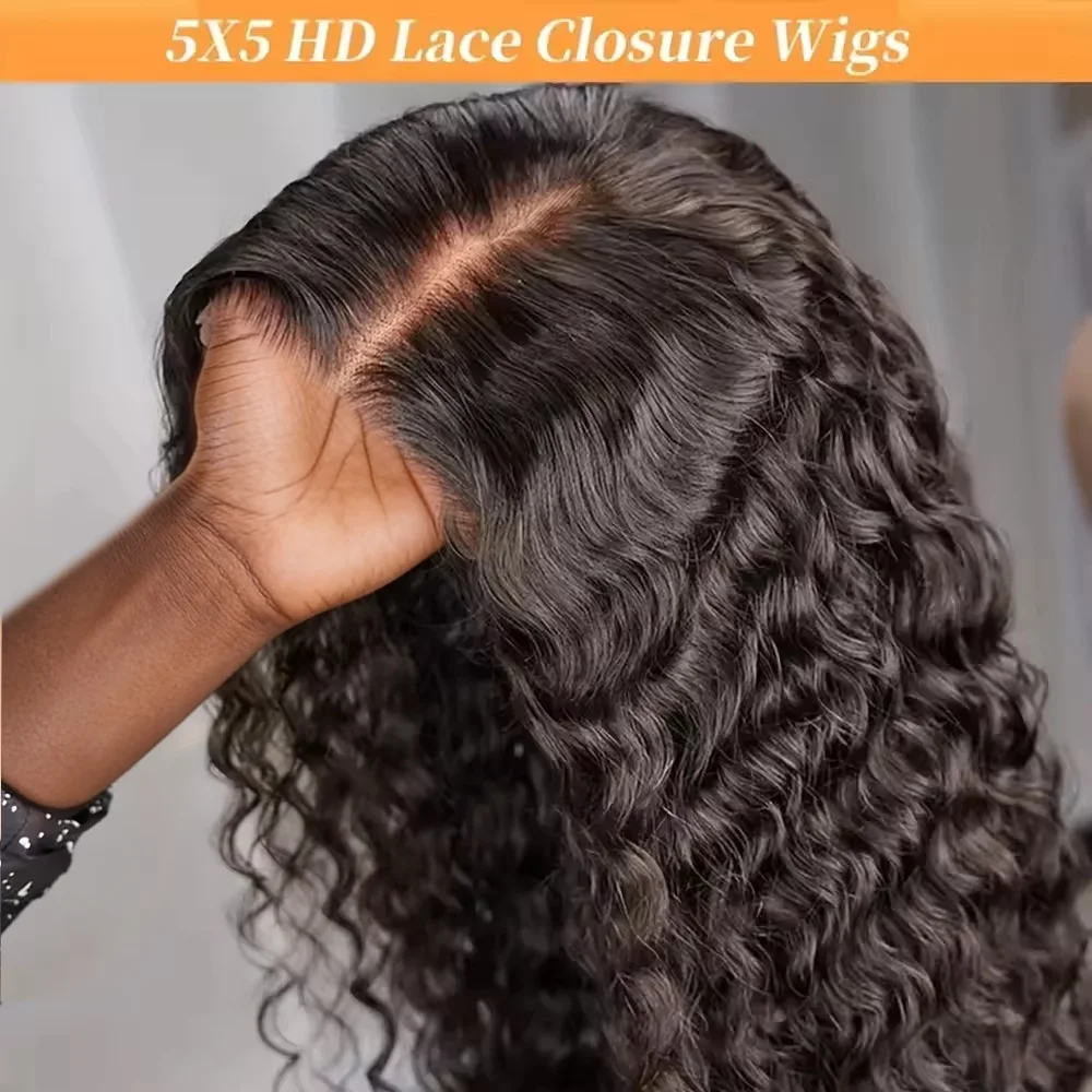 Peluca de cabello humano rizado birmano con ondas profundas, densidad 250%, 5x5, sin pegamento, con cierre de encaje HD, lista para usar, pre-cortada, sin pegamento, para mujer