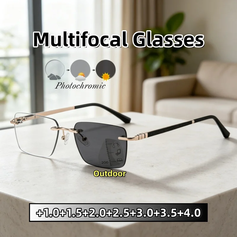 Nouvelles lunettes de presbytie multifocales photochromiques sans monture, classiques et polyvalentes, lunettes de lecture progressives HD en métal