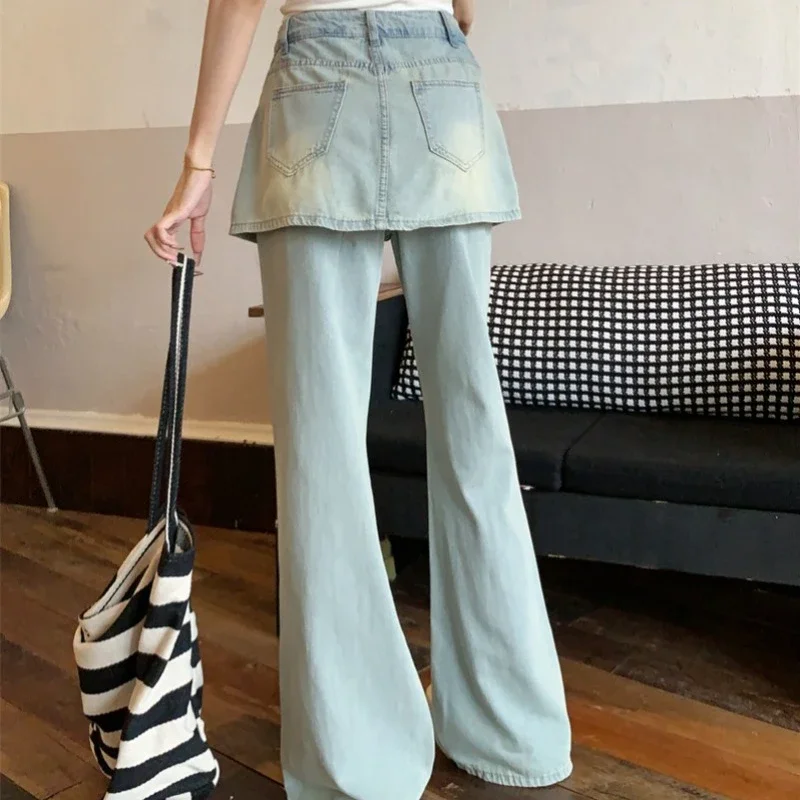 Fake Two Pieces Splicing Flared Jeans Women Retro Straight Leg High Waist Solid Color Office Lady Versatile Denim Pants Female