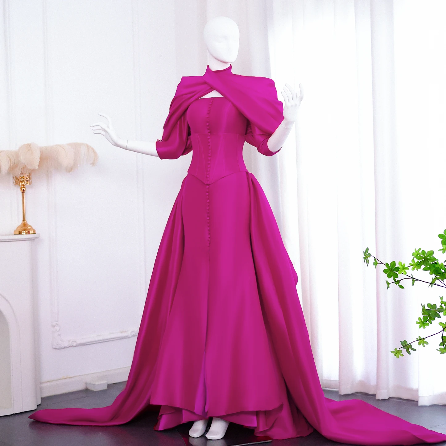 Sharon Said Dubai Elegant Fuchsia Mermaid Evening Dress with Overskirt High Neck for Women Wedding Party Gown SF030 Customized