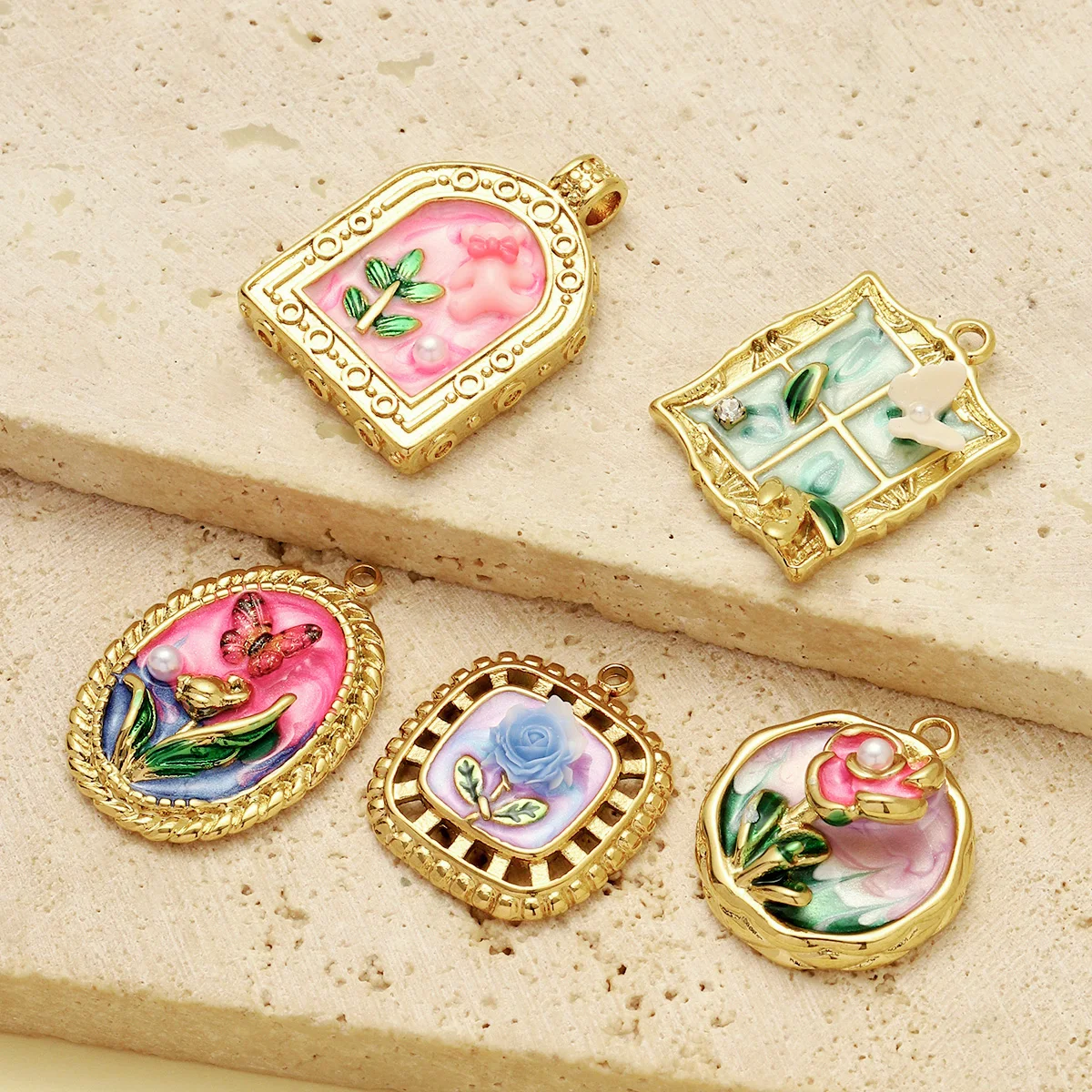 3pcs/Lot Monet Garden Style Stainless Steel Painted Flower Earring Charms Women Enamel Angel Butterfly Necklace Pendants DIY Jew