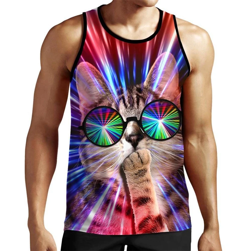 Hip Hop Funny Vest Men's Clothing Pizza Cat Graphic Sleeveless Shirts Starry Sky Print 2025 Summer Casual Outdoor Sport Tank Top