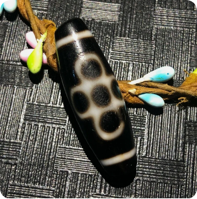 Magic Tibetan Old Agate Dragon Skin 5eye Lightening Totem dZi Bead 12*38mmC1911