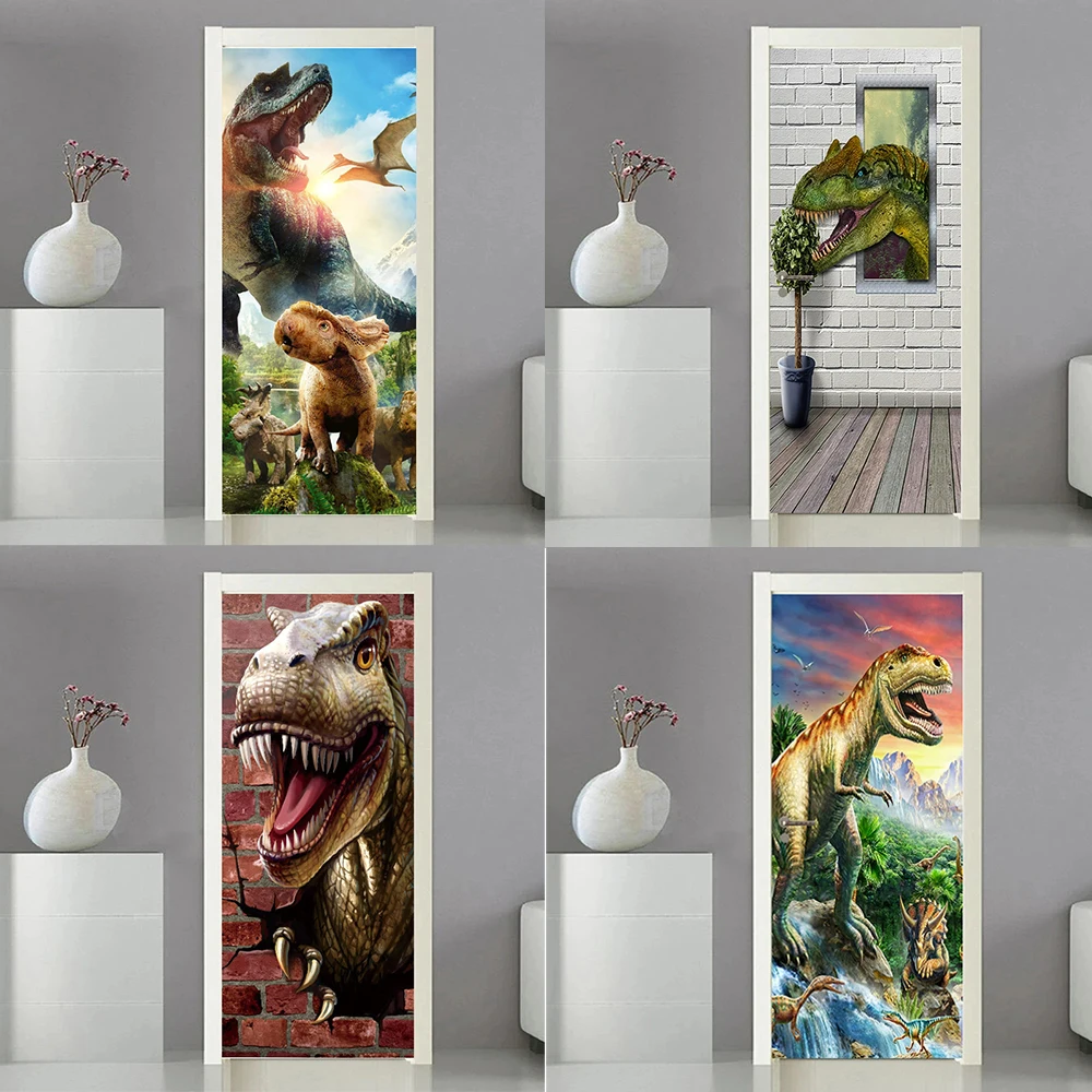 

3D Realistic Dinosaur Door Stickers Self-adhesive PVC Ferocious Dinosaur Photo Door Wallpaper Wall Art Mural Home Renovation