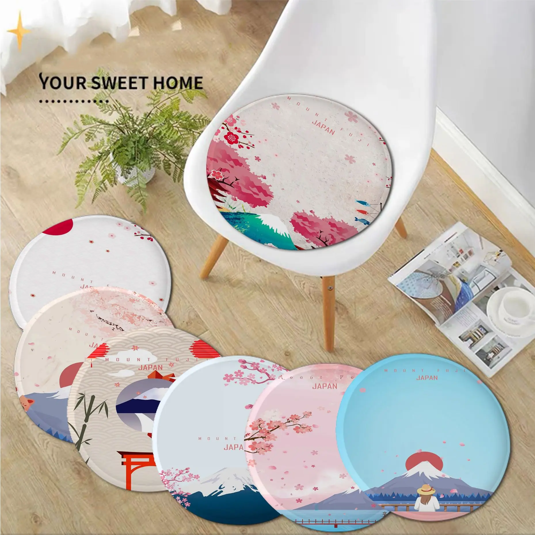 

Japanese Sakura Fuji Mountain Modern Minimalist Style Dining Chair Cushion Circular Decoration Seat For Office Desk Seat Mat