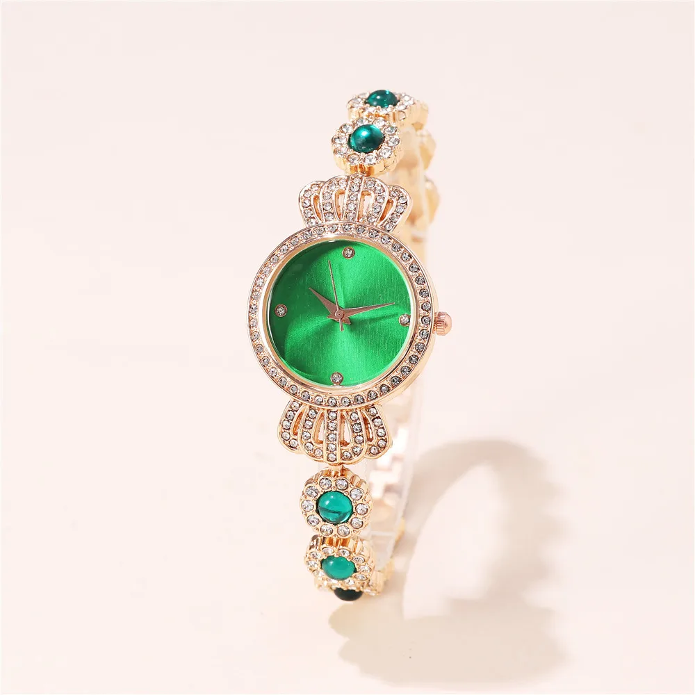 fashion blingbling rhinestone quartz green steel bracelet watch