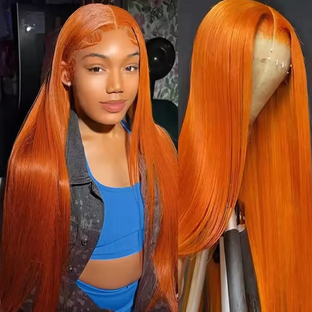 

350 Ginger 20 22 Inch 250 Density Straight Orange 13x4 Lace Front Wigs Human Hair HD Transparent Lace Pre Plucked With Baby hair