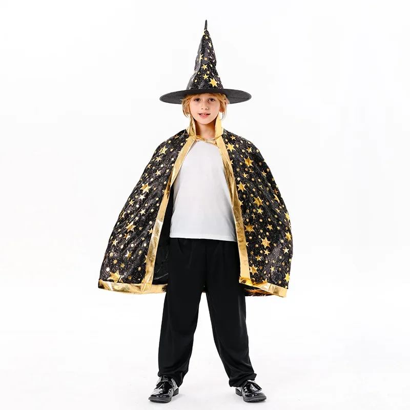 Children Witch Magician Cloak Five-star Bronzing Cloak Kids Witch Cape with Hat for Party Halloween Costumes Carnival Purim