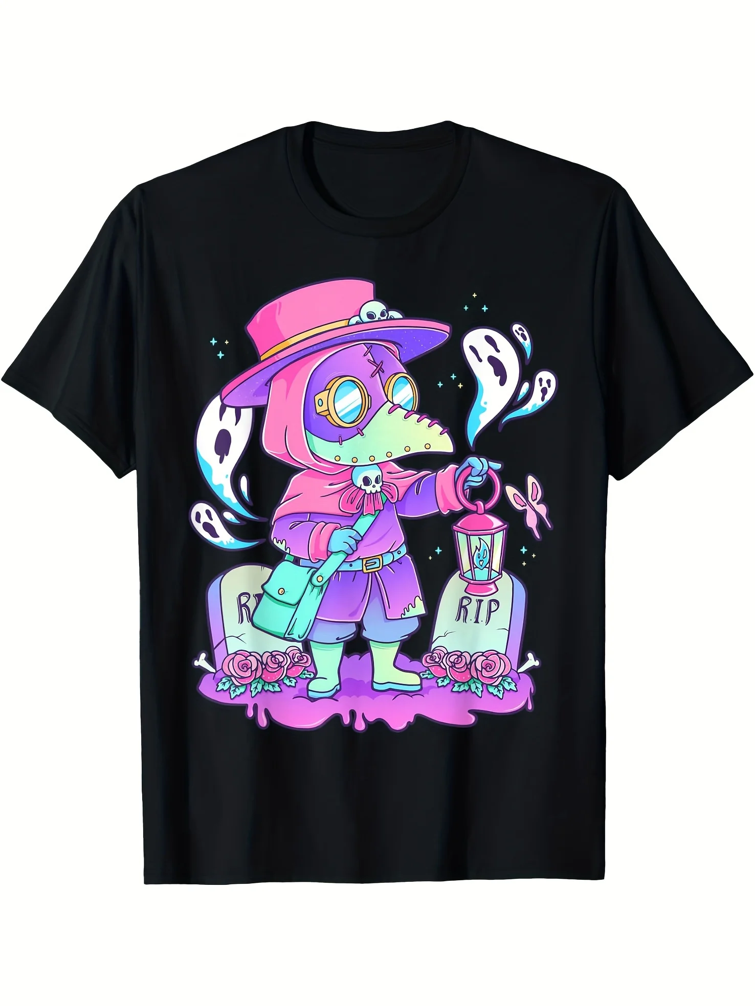 Pastel Goth Plague Doctor Kawaii Menhera Wiccan T-shirt - Comfortable, Casual, Short Sleeve, Daily Wear, All Season, Black, 220g