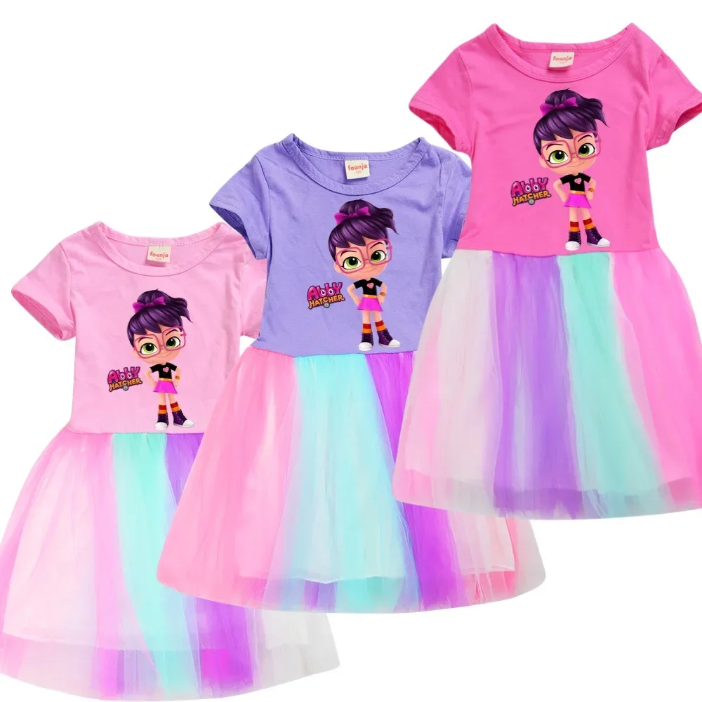 

Abby Hatcher Kids Clothes Knee-Length Dresses Cotton Rainbow Full Dress Teenagers Cartoon Girls Clothing Party Clothes