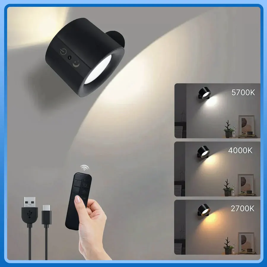 Double Head Magnetic LED Wall Lamp Rechargeable 360° Rotation Wireless Remote Control Spotlight For Bedroom Living Room Decor