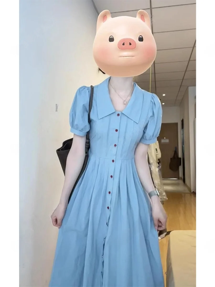 

Retro Design Blue Bubble Sleeve Dress Women's Summer Slimming Long Dress High Waist Shirt Collar A-Line Skirt Korean Style