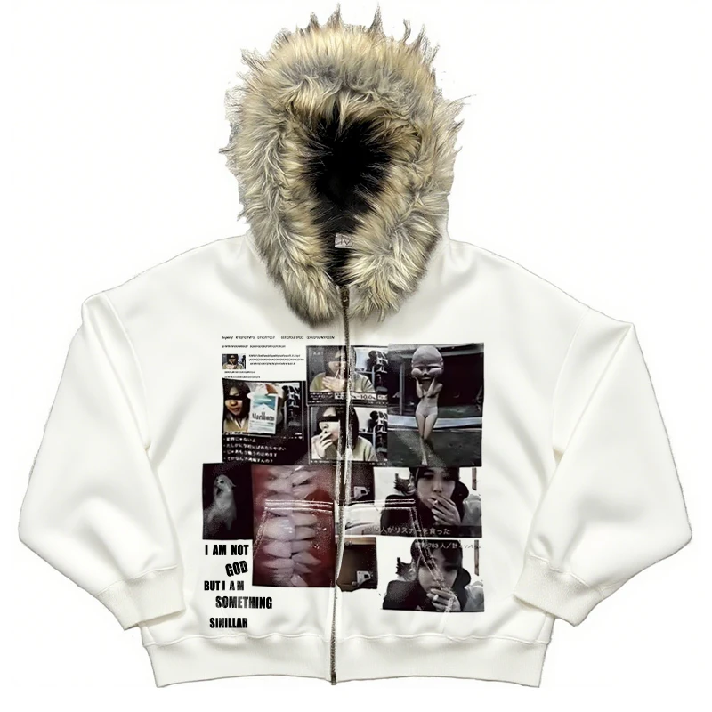 Thrilling retro Y2k Gothic millennium thick warm fur collar hooded sweater lazy cardigan plush couple autumn and winter coat