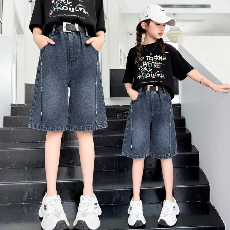 

New Fashion Kids Children Knee-Length Denim Shorts with Pearl for Teenage Girls Loose Casual Oil Printed Short Jeans Pants