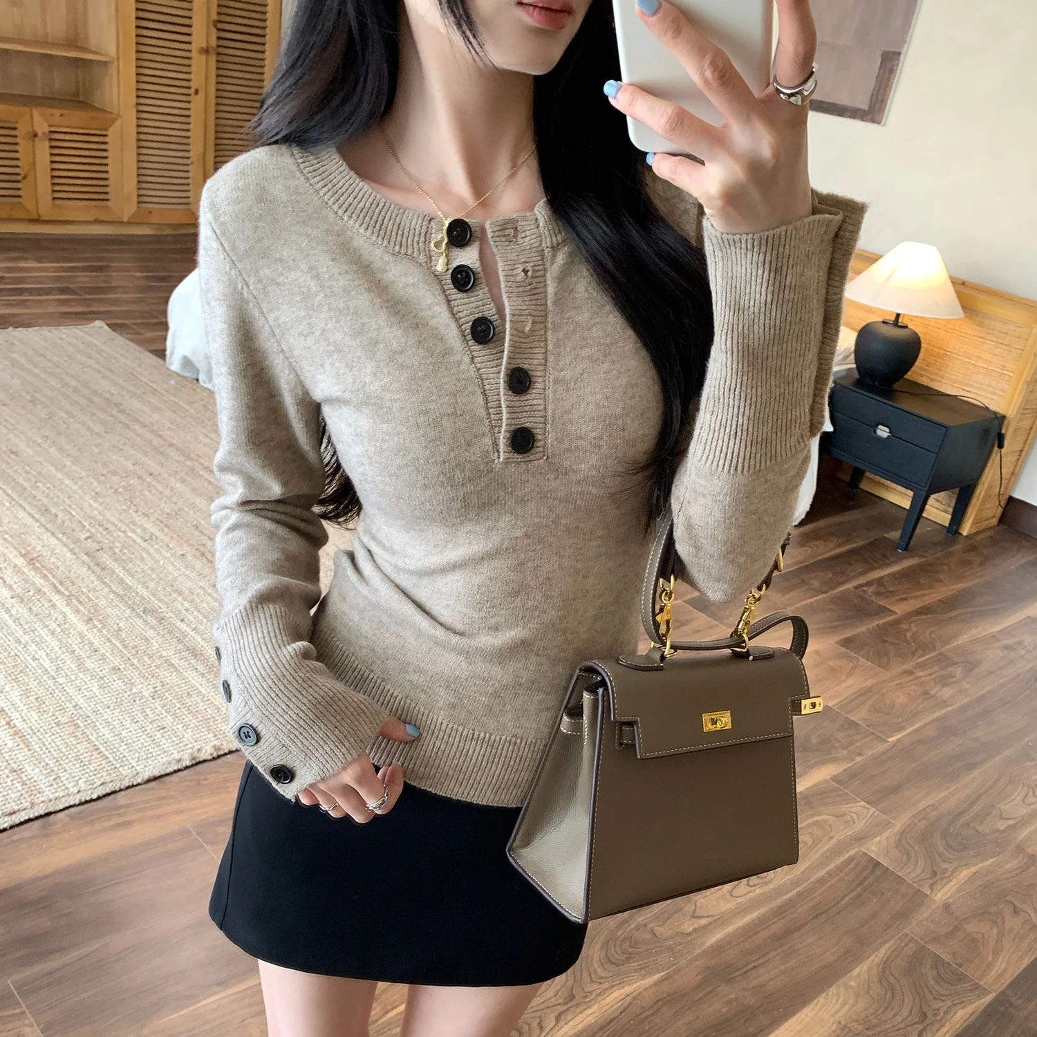 Sli f-Unbuttoned Base de punto irt Ropa interior adelgazante de otoño invierno para mujer Top suave francés Sle Long Sve redondo...