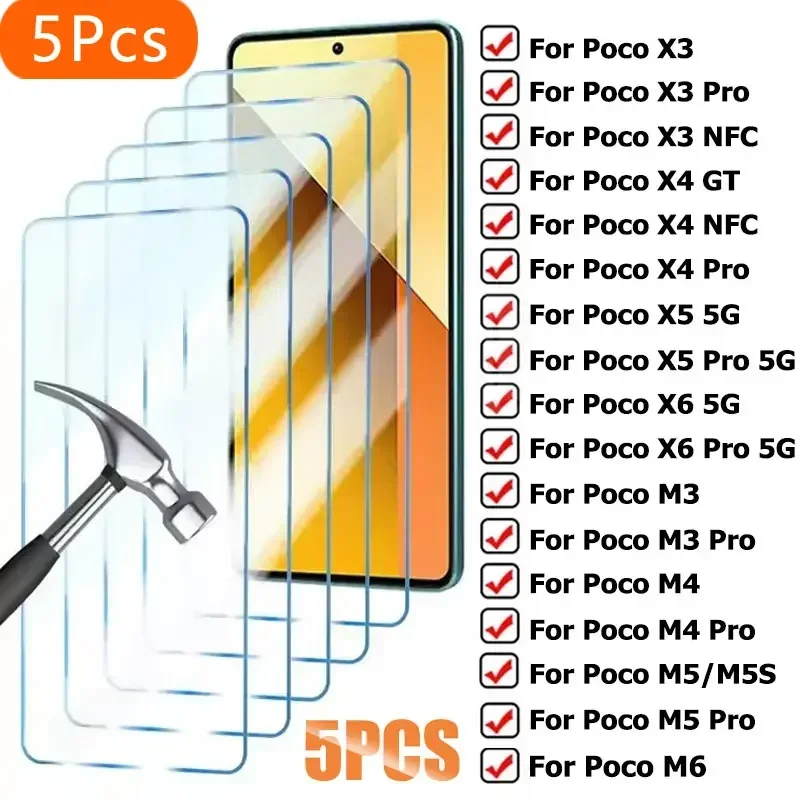 

5PCS Tempered Glass For Xiaomi Poco X6 X5 X4 X3 Pro X4 GT X3 NFC Film Screen Protector for Poco M6 M5 M5S M3 M4 Pro 5G Glass