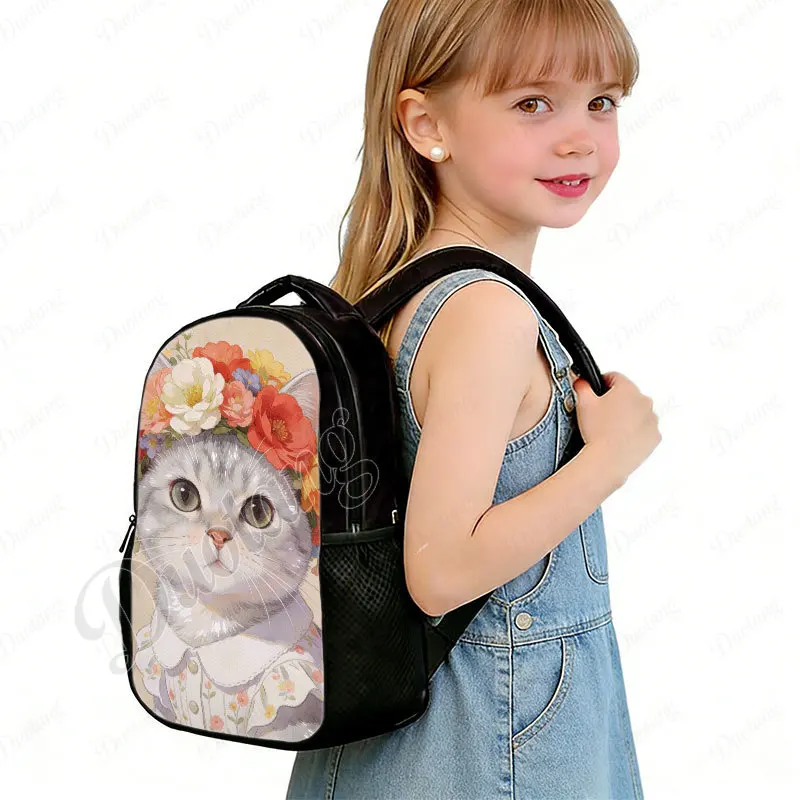 12 Inches Cute Cat Wearing Garlands of Flowers Print Backpack for  2-4 Years Old Ragdoll Cat Kindergarten Toddler School Bags