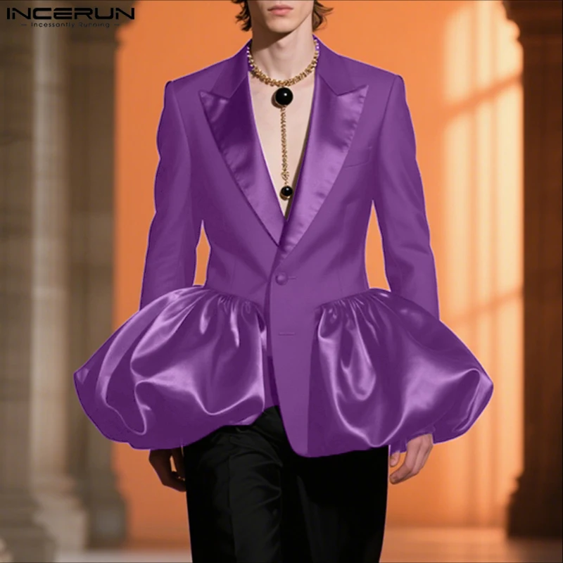 

INCERUN Men Blazer Satin Patchwork Lapel Long Sleeve Casual Male Suit Streetwear Autumn One Button Fashion Thin Coats Men 2025