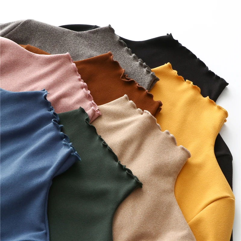 Warm Fleece Lined Long Sleeve High Collar T-Shirt Women's Autumn Winter Base Shirt Korean Style Cotton  Color Commute Fa...