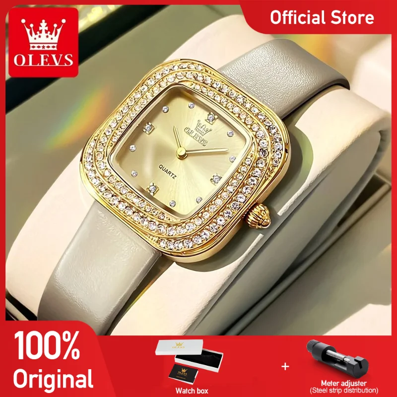 

OLEVS 5512 Women Watch Original Watch Soft Leather Strap Quartz Watches Diamond Bezel Waterproof Ladies Watch Bracelet Set Gifts
