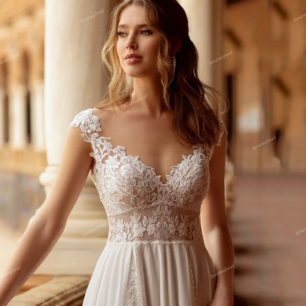 Elegant A Line Wedding Dress Cap Sleeves Appliques Bridal Gowns Backless Split Wedding Dresses Vestido De Novia