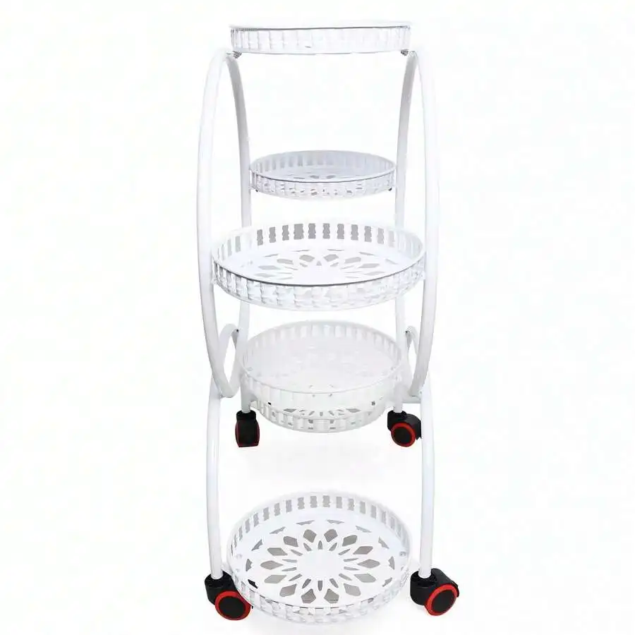 Indoor Metal Plant Stand With Wheels, Elegant White Flower Pot Rack For Home And Office Decor, Versatile And Portable Design