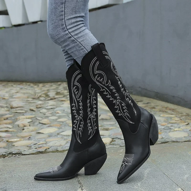 2024 Fashion Embossed Microfiber Leather Women Boots Pointed Toe Western Cowboy Boots Women Knee-High Boots Wedges Botas De Muje