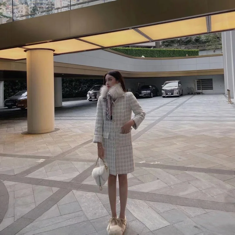 

Double-Sided Woolen Plaid Coat for Women Medium-Length Outerwear Sweet Sle Long Sve Straight Cut Winter Faion