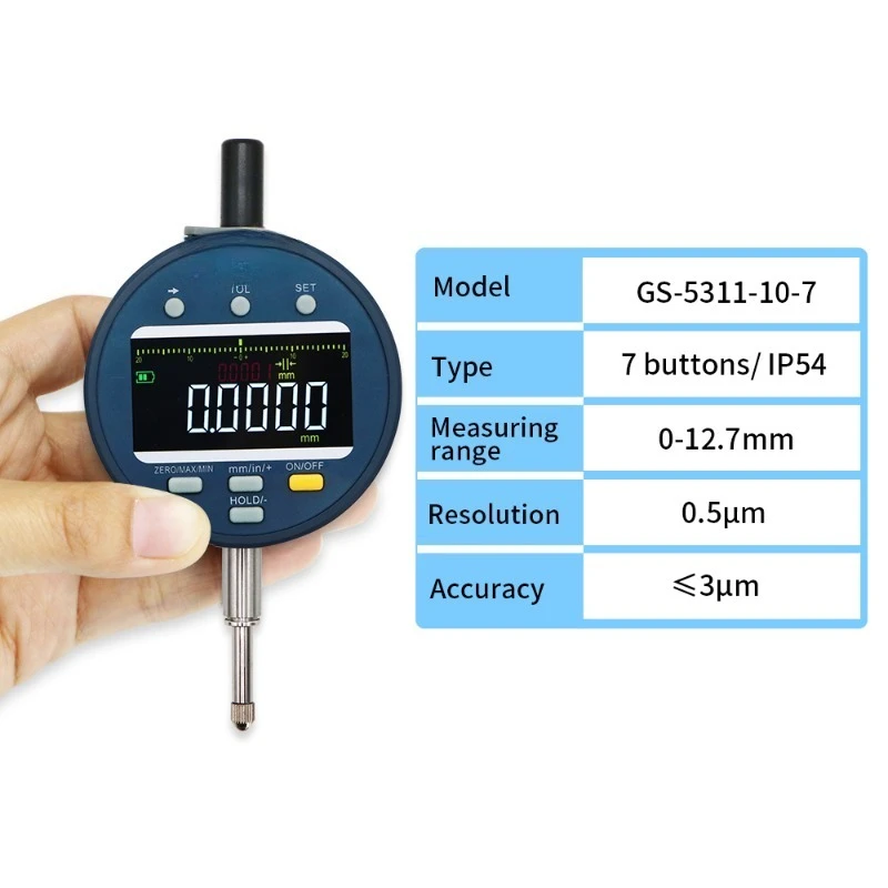 Backlit digital dial meter 0-12.7 mm 0.5μm resolution, rechargeable dial meter with C-type data output