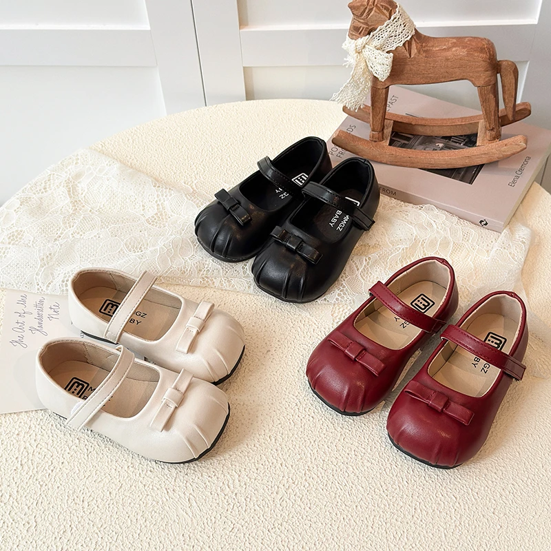 Autumn Girl's Mary Janes Bowknot Pleated Sweet Kid's Flat Shoe Solid Colors Anti-slip Daily Trendy Versatile Children Shoes 4-6Y