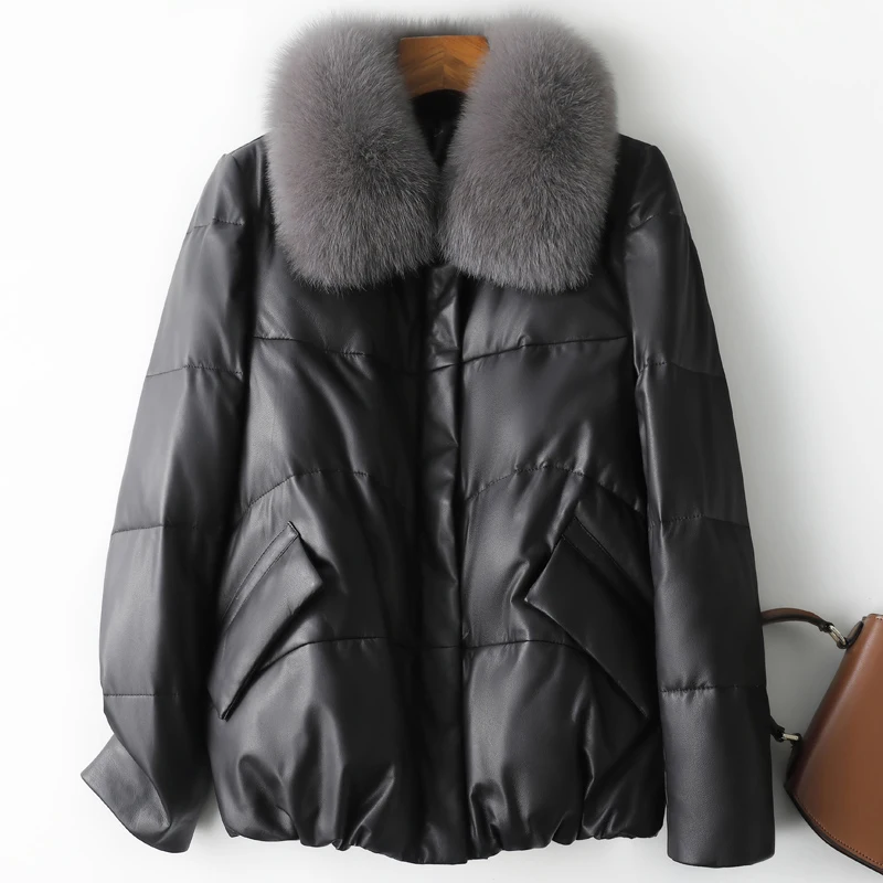 2022 Real Leather Down jacket Autumn Winter New Women's Real Fur Collar Sheepskin Thickened Fashion Slim Black Short Coat