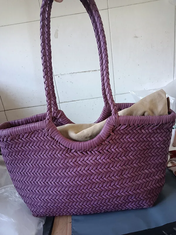 Bolso tejido a mano de piel auténtica para mujer, bolsa de hombro grande con asa elegante, Estilo Vintage