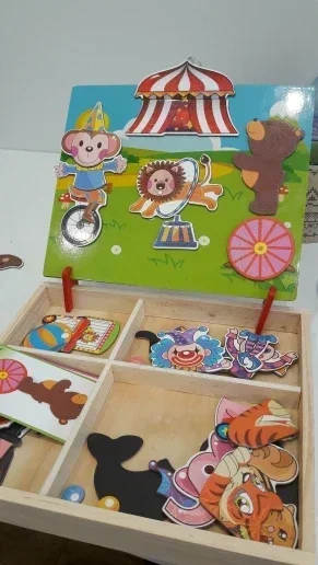 [Funny] DIY 3D Magnetic Puzzle and Drawing Toy wooden circus Magician, clown, lion, monkey. Bear Puzzle model set kids baby gift