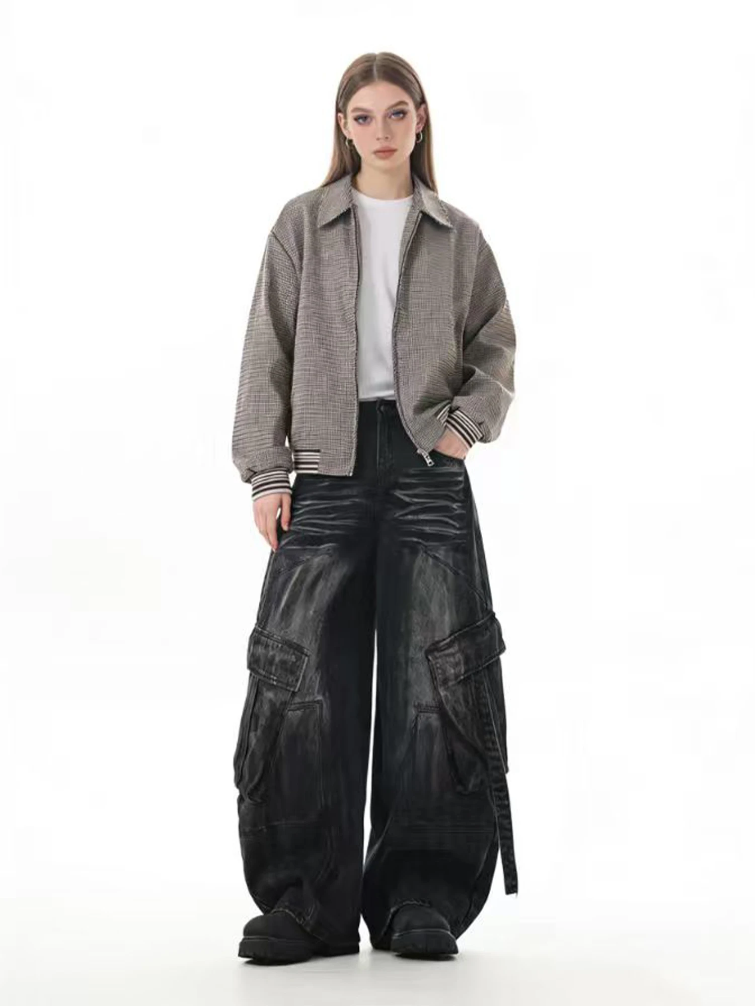Women's Black Gothic Emo Y2k Cargo Jeans Japandi Style Oversize Grunge Baggy Jean Pants Vintage Harajuku Denim Trousers Clothes