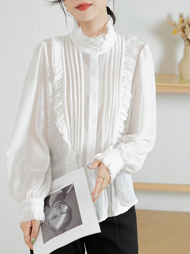 

QOERLIN French 2023 Spring New Elegant Lady Stand Collar Ruffled White Shirt Ruffles Lace Women Long Sleeve Blouse Flare Sleeve