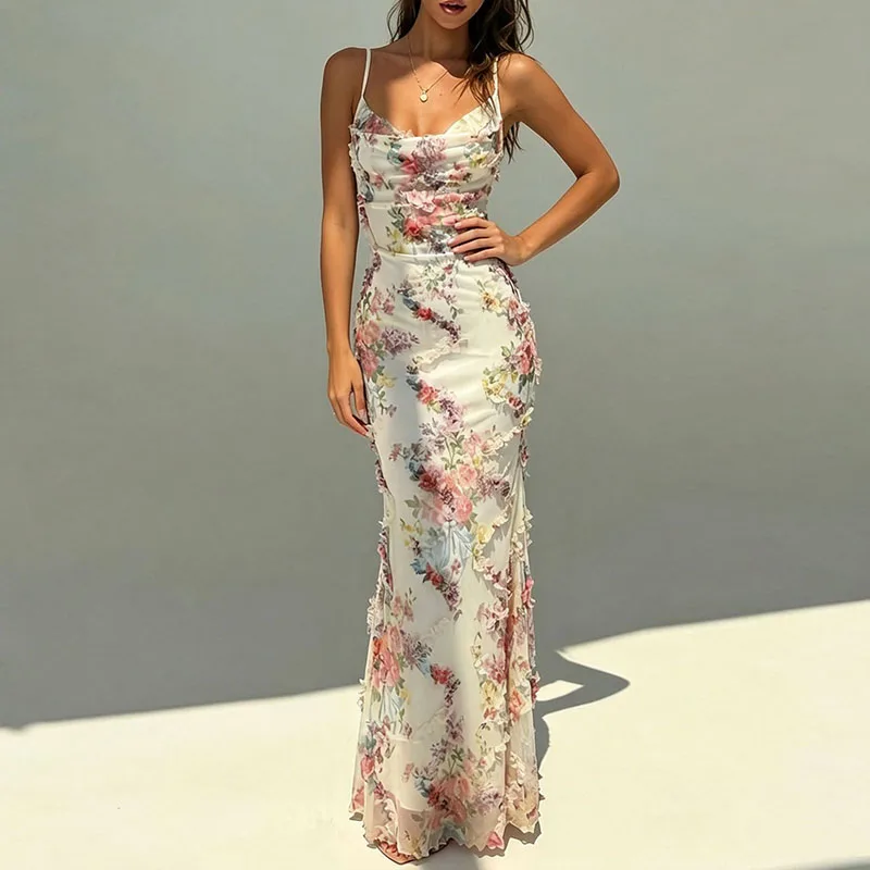 Robe moulante élégante pour femme à bretelles sexy et épaules dénudées, avec motifs floraux 3D, plissée, dos nu, coupe sirène, pour banquets et événements.