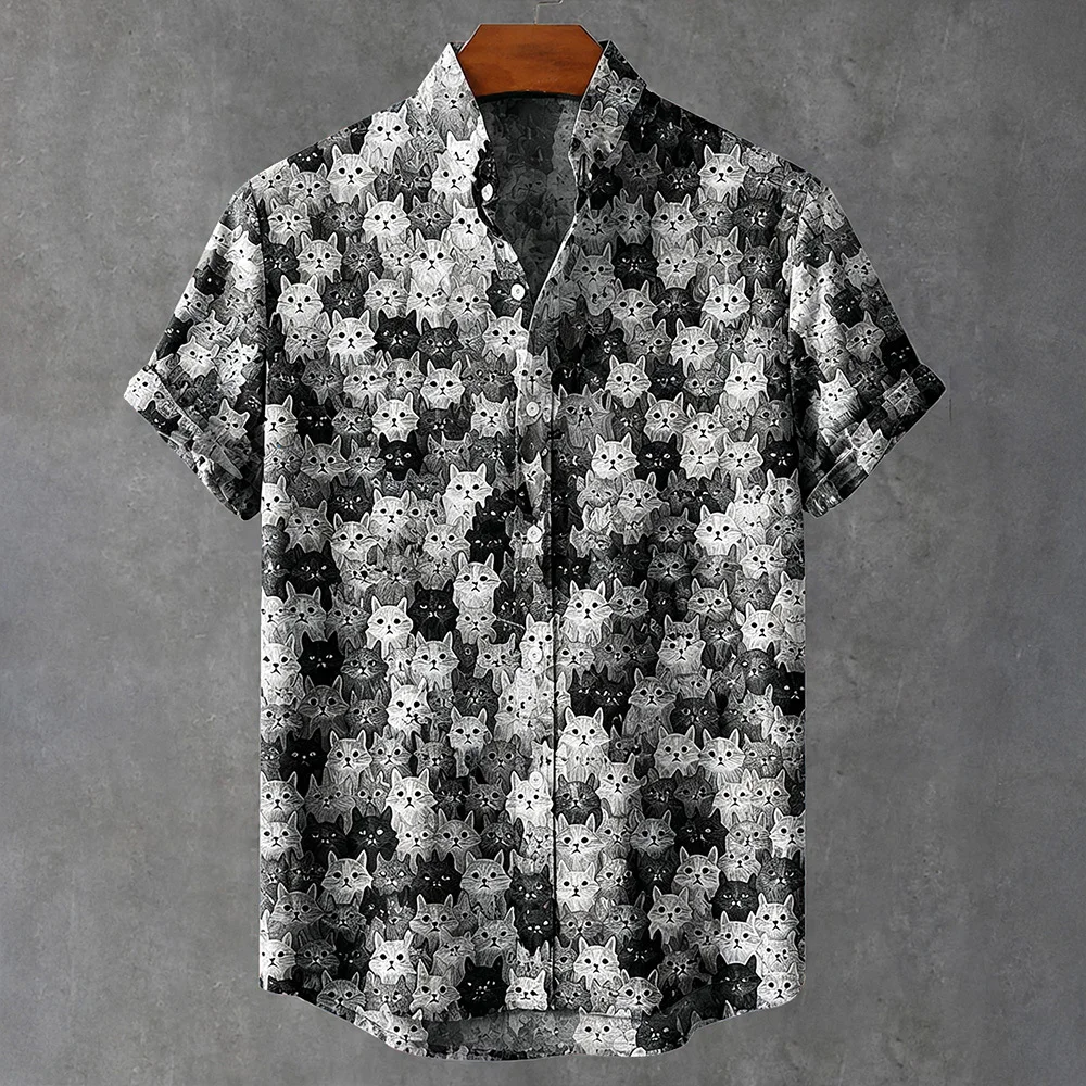 Men's Colorful Layered Cat Art Stand Collar Short Sleeve Shirt Fashion Bohemian Summer 2026 Chic Harajuku Tops Tunics