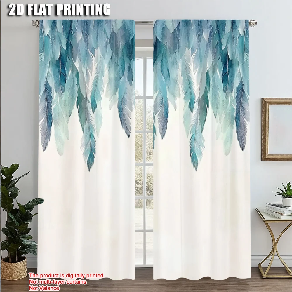 2pcs,2D plane printing Curtains&Window Treatment Blue Feathe