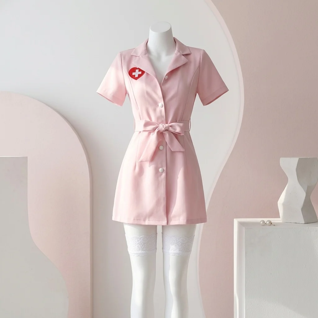 Cosplay Naughty Nurse Uniform Set Women's Belted Mini Dress with Cross Heart Patch Nurse Cap for Halloween Role Play view 2