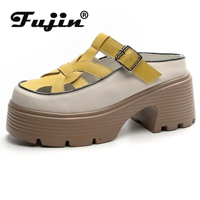 Fujin 7.5cm Genuine Leather Fashion Height Increasing Ladies Platform Wedge Fashion Slippers Women Slip on Casual Females Shoes