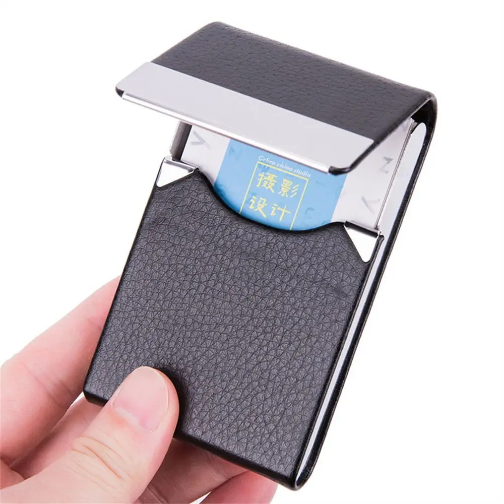 Capa de cartão de visita de couro pu, aço inoxidável, fivela da moda, porta-cartão de nome, multicolorido, metal, caixa de cartão de identificação, mulheres e homens